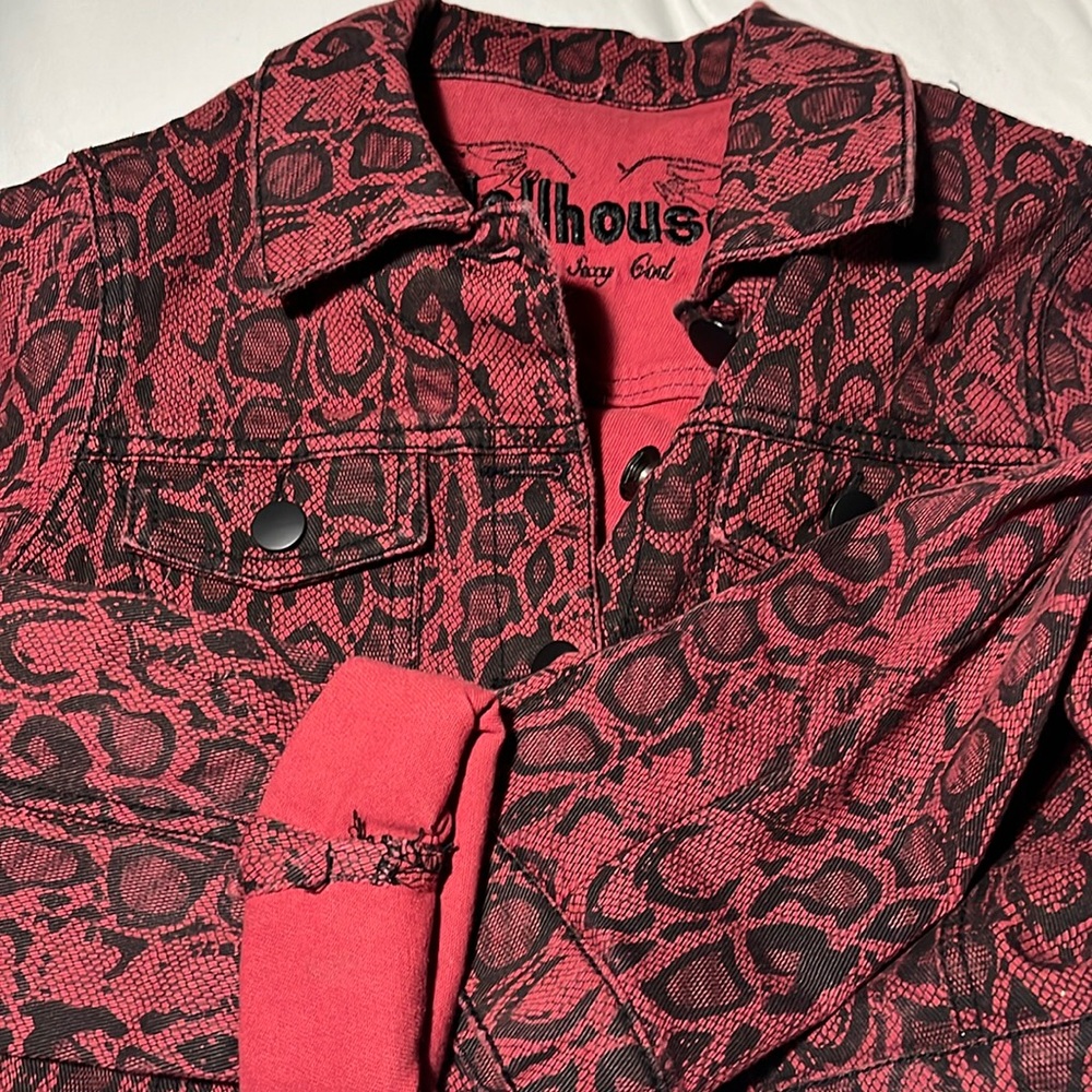 Red leopard print jean jacket and pants!!jacket size S pants size 1